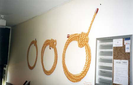 "Knop och knut", entrédekoration, vinyl på vägg, ca 150 cm hög, Flatås Måleri AB, Stigbergsliden 17, Göteborg, 1997
